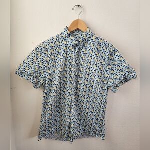 Zara Men's Slim Fit Button-down Short Sleeve Top Elephant Print Blue Green Large